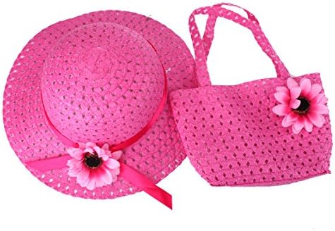 YOPINDO Girls Sun Straw Hat Children Summer Beach Floppy Caps Dress up Hat Purse Sets UPF 50+ Sun Protection Sun Hat (9205 Hot Pink)