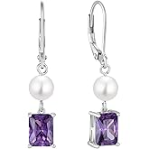FJ Pearl Drop Earrings 925 Sterling Silver Emerald Cut Dangle Leverback Earrings Birthstone Jewelry Gifts for Women