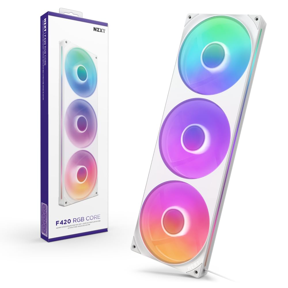NZXT F420 RGB Core - 420mm Single-Frame Fan Unit with 3 x 140mm RGB Fans - Speed & Lighting Control - High Static Pressure & Airflow - Fluid Dynamic Bearings - 8 aRGB LEDs Per Fan - White Image