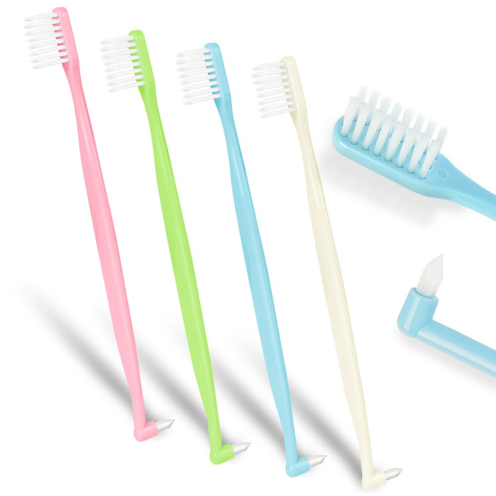 OFFCUP 4 PCS V-Trim Orthodontic Toothbrush with Interspace Tufted End, Double Ended Braces Toothbrushes, Slim Interdental Interspace Brush for Orthodontic Braces Detail Cleaning