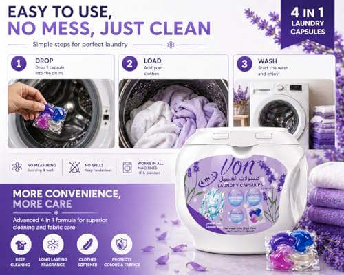 VON 4 in 1 Laundry Pods 35 Count Pack of 4 – 140 Pods Total | Powerful Laundry Detergent Liquid Capsules with Deep Clean, Stain Removal, Softener, Color Protection & Long Lasting Lavender Freshness