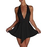 LuFeng Women's Sexy Sleeveless Halter Deep V Neck Backless Tie Back Waist Flowy Drape Satin Cocktail Mini Dress