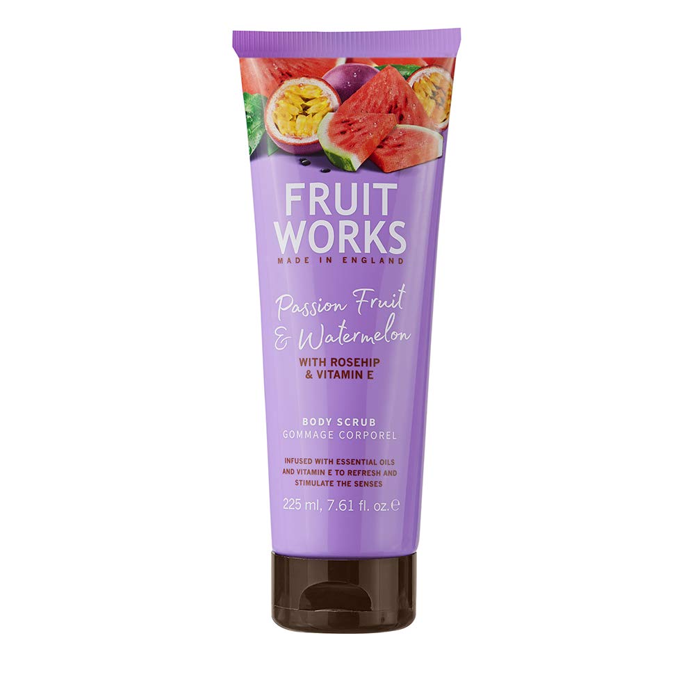 Fruit Works Passionfruit & Watermelon Cruelty Free & Vegan Body Scrub with Rosehip and Vitamin E, 1 x 225ml