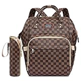 Ibeacos Diaper Bag Backpack Baby Diaper Backpack Convertible Travel Tote Diaper Bag PU Leather Waterproof Nappy Bag Large Capacity Baby Bag with Changing Pad, Insulated Feeding Bottle Bag (Brown)