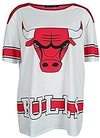 Fashion Essential -Womens Chicago Baseball Varsity Bulls Oversize Mesh Baggy Top (SM, WHITE)