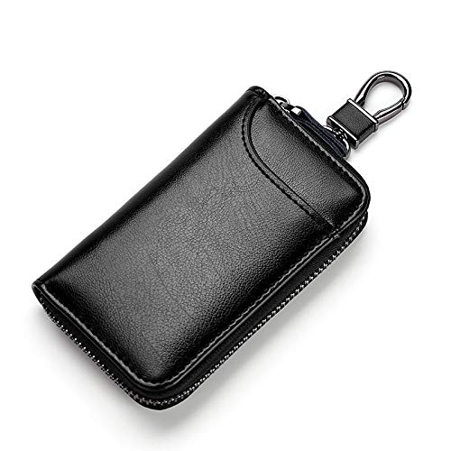 TECHNOPLAY Unisex Mens Womens Premium Leather Car Key Holder Bag Keychain Case Wallet with Buckle and 6 Hooks and 1 CAR key buckle Zipper Closure Credit Card Holder (BLACK)