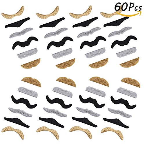 Whaline 60 Piece Fake Mustache Self Adhesive Costume Novelty Mustaches For Party Supplies, Masquerade & Performance (Multicolor)