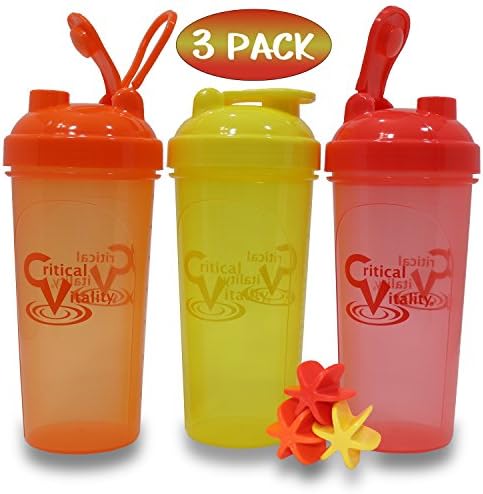 Protein Shaker Bottles by Critical Vitality | Red-Orange-Yellow 25oz/700ml Tumblers with Blender-Mixer-Balls, Leak Proof BPA Free Sports Travel Water Container Fits in Cup Holders and Dishwasher Safe
