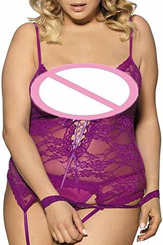 Hot Sale Women's Lingerie Plus Size Solid Floral Lace Up Lingerie Set With Wristband Underwear by Neartime (XL, Hot Pink)