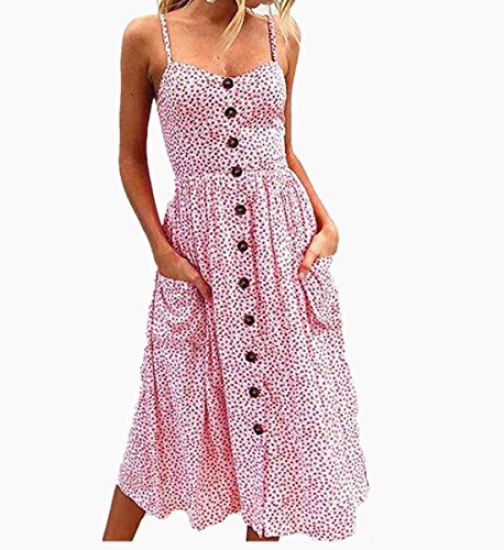 Qisc Summer Dresses, Womens Sleeveless Boho Floral Buttons Swing Sundress Spaghetti Strap Beach Dresses (M, Pink)