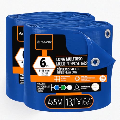 OFITURIA Multifunctioneel zeil, waterdicht, 4 x 5 m, blauw, verpakking van 2 stuks, ideaal voor het afdekken en beschermen van meubels, vloeren en apparaten buitenshuis, tuin, camping en bouwplaatsen