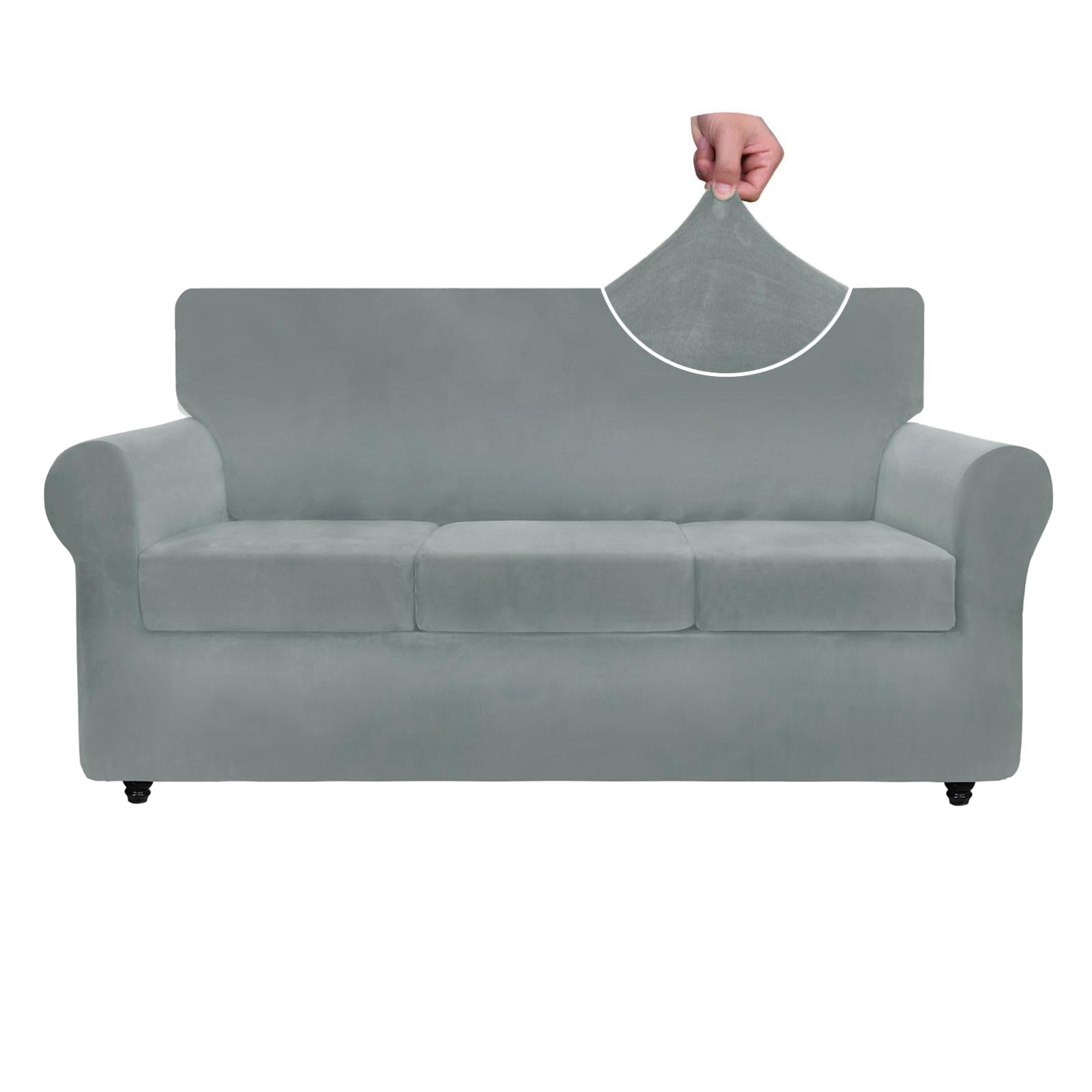 Photo 1 of ZNSAYOTX Luxury Velvet Couch Cover 4 Piece (72"-92") Stretch Sofa Covers for 3 Cushion Couch Thick Soft Sofa Slipcover with Non Slip Strap, Dog Pet Friendly Nice Furniture Protector (Light Grey)