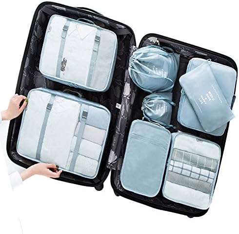 Travel Luggage Organizer 8 Set/Lightweight Carry on Luggage Packing Cubes/Waterproof Mesh Compression Storage Bags by LAFASO (Blue)