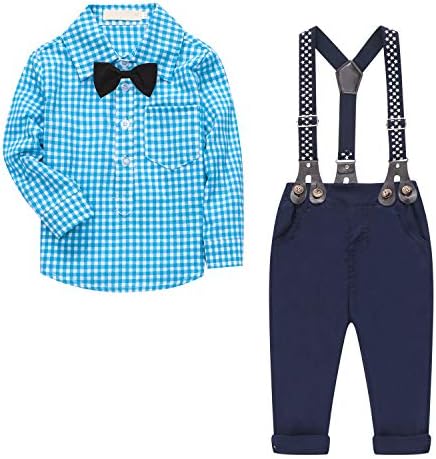 Baby & Little Boy Tuxedo Outfit, Plaids Shirt + Suspender Pants