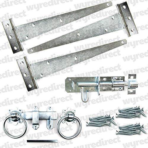 Wyre Direct® Gate Fitting Kit – 12" Heavy-Duty Hinge Set with Brenton Bolt & Ring Latch | BZP Zinc-Plated Gate Hardware for Wooden Gates | Includes 3 x Tee Hinges, Bolt, Latch & Fixings
