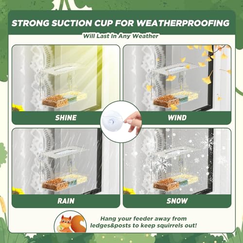 SUSOO Window Bird Feeder for Outdoors with 3 Large Capacity Detachable Seed & Water Tray, Acrylic Clear Bird Feeder with Suction Cups for Watching Wild Birds, Hummingbirds, Finches in Garden, Yard