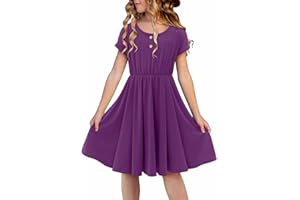 Yoklass Girls Short Sleeve Dress Casual A Line Button Twirly Skater Dresses 5-14 Years