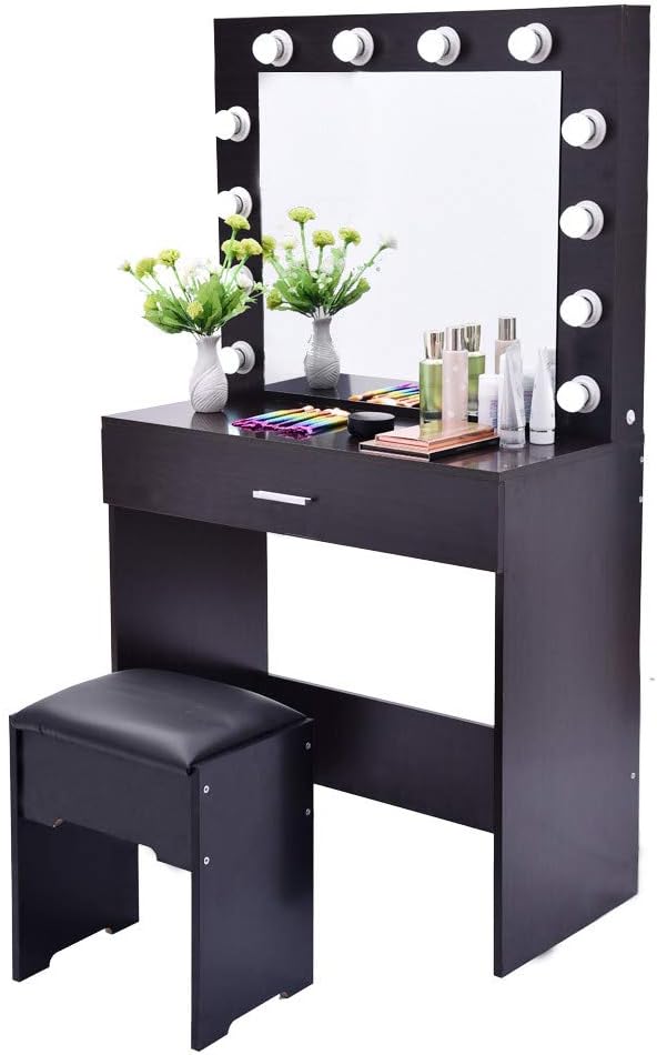 Dressing Table Makeup Table Vanity Set with Lighted Mirror Cushioned Stool