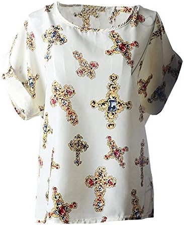 YOUNG LIGHT@ Womens Cute Geometric Print Loose Chiffon Blouses Top Shirt Cool T-shirt (XX-Large,Cross White)