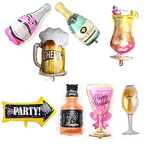 Hawaiian Balloons Champagne Wine Cup Beer Goblet Glass Whisky Cocktail Bottle Foil Balloons Summer Beach Party Wedding Birthday Bridal Decor Supply Pack of 8