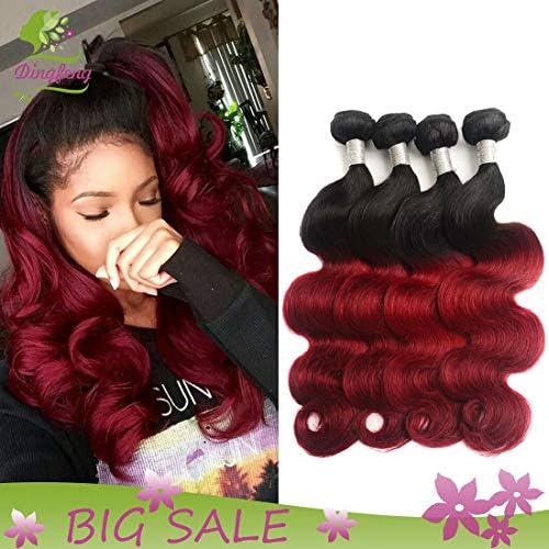 Christmas Gift Dingfeng Hair Ombre Brazilian Hair Body Wave Bundles 4pcs Big Sale Brazilian Virgin Hair Human Hair Weave Two Tone Black to Burgundy Total 268g (T1B/Burgundy,16161616)