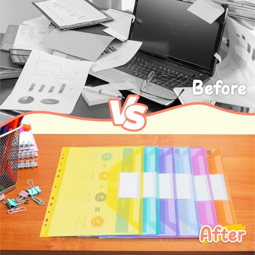 MOWETOO 24 Pieces A4 Document Bags, A4 Document Folder for Filing, 11 Hole Document Pockets, Zipper and Label Pocket, Document Organizer Folders (6