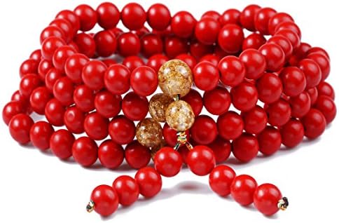FIONUSUM 6mm Red Bracelet 108 Stone Bead Bracelet Buddhist Mala Wirstband for Women