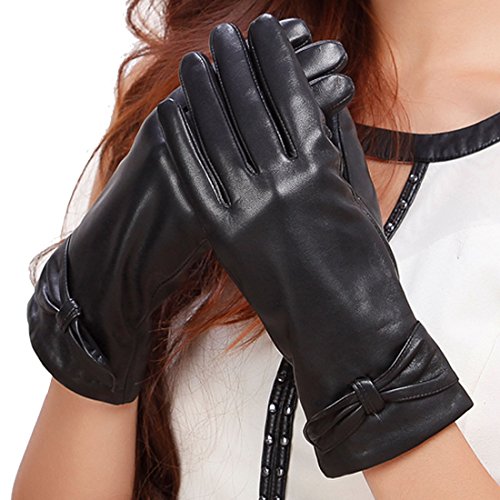King Star Traditional Womens Winter Driving Genuine Leather Gloves Wool Fleece Lining with Bowknot Bow (Black,L)