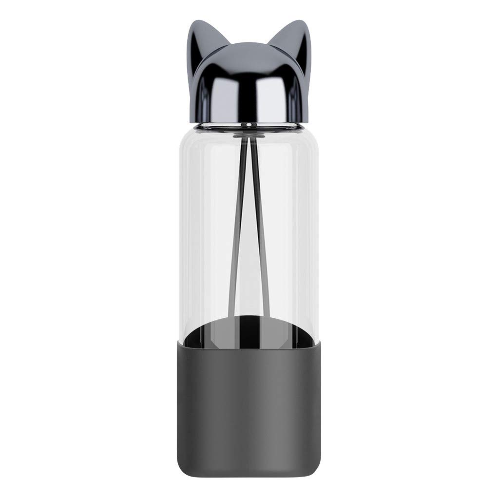 TOTGO Water Bottle, New Sport Portable Cute Fox Glass Vacuum Cup Water Bottle BPA Free 320ML Leak Proof Transparent Unbreakable Bottle for Water Bicycle Tour Sport Style Non-Slip Drinkware