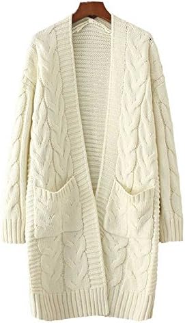 Casual Open Front outwear Long knitted Cardigan Sweater with Pocket winter Warm Sweater coat (F, A-Cream White)