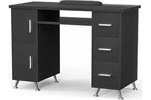 Charmmade Black Nail Desk for Nail Tech with Drawers Manicure Table Nail Tech Table Storage Cabinet, Open Drawer, Wrist Pad, Metal Legs, for Beauty, Salon, Spa Makeup