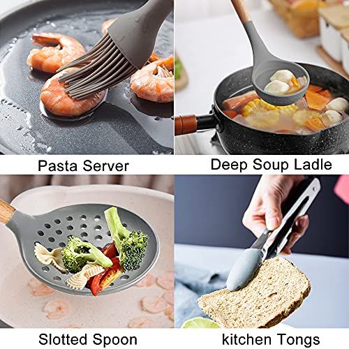 Charlemain 33pcs Ustensiles de Cuisine Silicone en Bois Gris