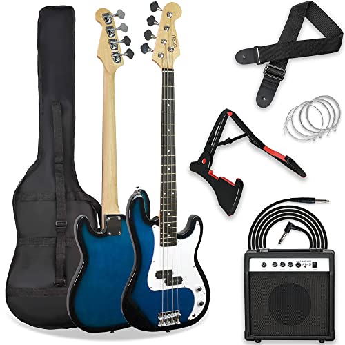 3rd Avenue 4/4 E-Bassgitarren-Set in Normalgröße für Anfänger, mit 15 W Verstärker, Tasche, Kabel, Gurt, Ständer und Ersatzsaiten – in Grün