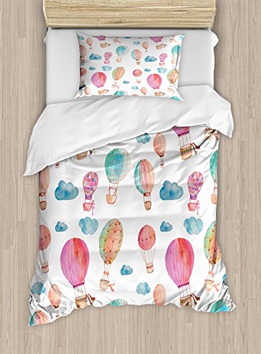 Ambesonne Watercolor Duvet Cover Set Twin Size, Hand Painted Style Cute Floating Hot Air Balloons with Blue Clouds Print, Decorative 2 Piece Bedding Set with 1 Pillow Sham, Blue Pink Coral