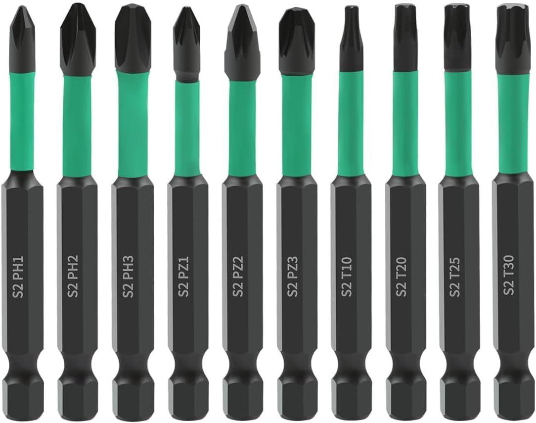 Uadme Screwdriver Bits Sets Mixed, 10pcs 70mm S2 Steel Phillips Pozi Torx Strong Magnetic Screwdriver Bit Set with 1/4 Inch Hex Shank, PH1 PH2 PH3 PZ1 PZ2 PZ3 T10 T20 T25 T30