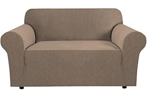 H.VERSAILTEX Stretch Couch Cover Loveseat Covers for 2 Cushion Couch Sofa Slipcover for Love Seat 1 Piece with Elastic Bottom, Checked Jacquard Fabric(Loveseat 58"-70" Wide, Macchiato)