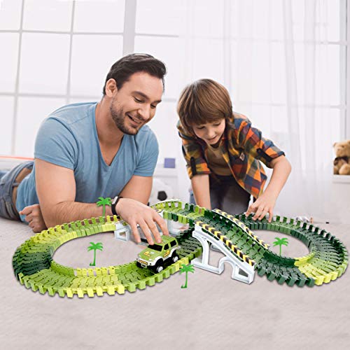 Dinosaur World Race Tracks - 142 Piece Playset, Toy Slot Car & 2 Dinosaur Toys + Storage Bag - Create a Jurassic Road Park Track with Bridge and Gate, for All Kids, Boys & Girls - Thumbnail 3