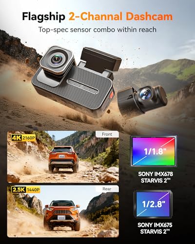 WOLFBOX X5 Duo 4K + 2.5K Dash Cam for Cars, Dual Front and Rear Dashcam with STARVIS 2 Night Vision, Anti-Shake Car Dash Camera, 5.8GHz WiFi GPS, Voice Control, Parking Mode, 64GB Card Included