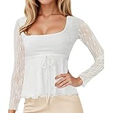 FWSAM Women Y2k Square Neck Sheer Mesh Ruffle Hem Babydoll Tee Shirt Long Sleeve Lace Up Lettuce Trim Layered Peplum Top