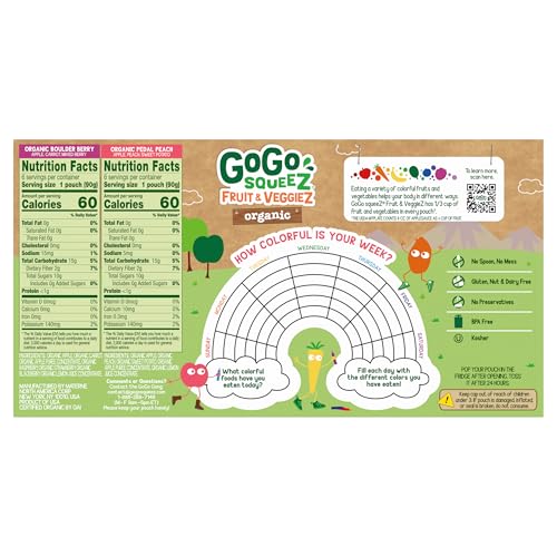 GOGO SQUEEZ NO SUGAR ADDED ORGANIC FRUIT & VEGGIEZ APPLESAUCE AND PUREE VARIETY PACK, PEDAL PEACH AND BOULDER BERRY, 3.2 OZ POUCHES (PACK OF 12), FRUIT SNACKS FOR KIDS, GLUTEN FREE, NUT FREE, RECLOSEABLE CAP, BPA FREE
