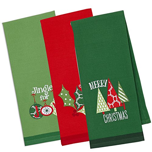 DIIChristmas Kitchen Towels Decorative Embellished Cotton Dish Towel Set, 18x28, Jingle for Joy, 3 Count