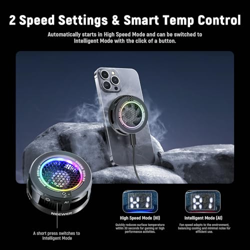 NEEWER BASICS Magnetic Phone Cooler, USB Cooling Fan for Phone, Temp Smart Control, RGB Light, Magnetic Ring Compatible with iPhone 15 16 Pro Max MagSafe Samsung iPad for Gaming, PA069