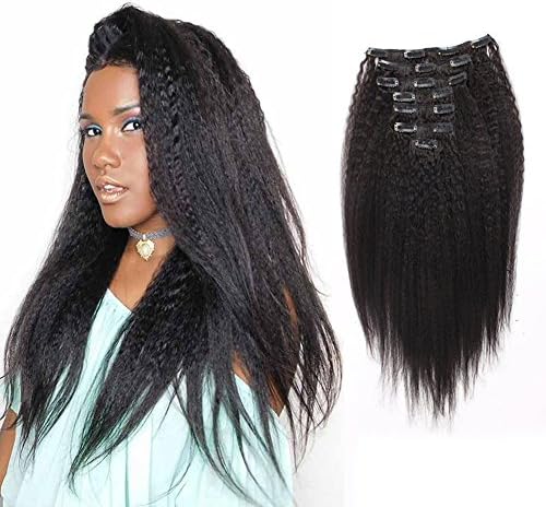 AmazingBeauty Blow Out Clip In Extensions Kinky Straight 8A Grade Thick 100% Remy Hair Natural Black 10-22inch 7 Pieces with 18 Clips 120g/4.2oz per Set Fit For Full Head