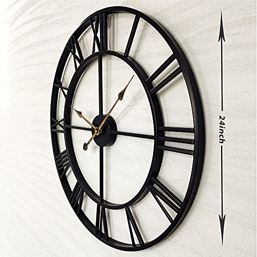 24inch Large Home Decor Wall Clock for Living Room Non Ticking Iron Art Clocks Roman Numeral,Retro Distressed Metal,Oversized