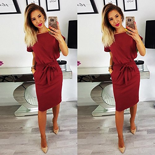 Nikuya Women's Casual Mini Dresses Working Dresses Pencil Stripe Party Dress White Evening Dresses (Wine Red, XL)