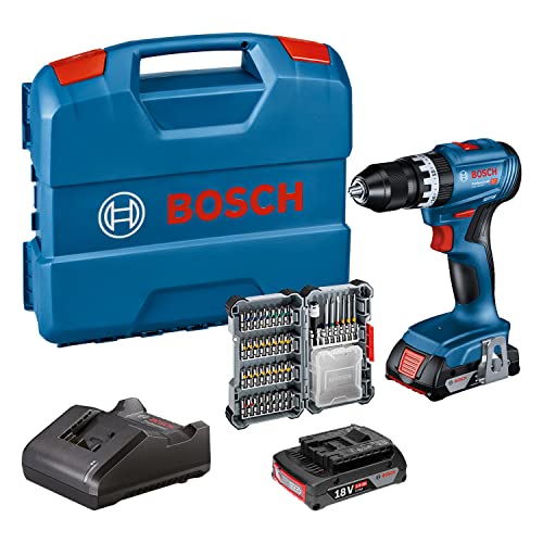 Bosch Professional 18V System Akku Schlagbohrschrauber GSB 18V-45 (Drehzahl 1.900 min⁻¹, inkl. 2x 2.0Ah Akku, Zubehöre, GAL 18V-20, L-Case) – Amazon Exclusive