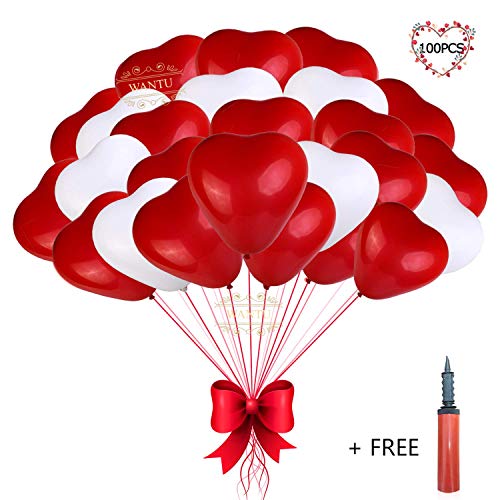 Heart Balloons - 100PCS 12 inches Red and White Latex Balloons for Wedding Decorations, Bride Shower, Birthday Party, Valentines day Balloons, Mother's Day, Christmas Party Decoration with an Air Pump