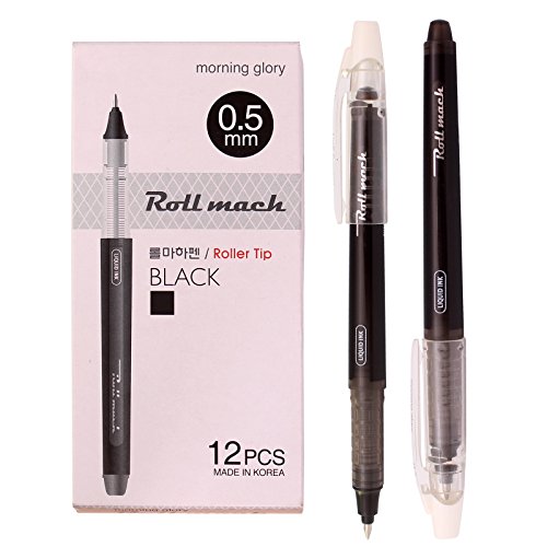 Morning Glory Roll Mach Roller Ball Pen - 0.5 mm-Roller Tip (Pack of 12 Pens) Black Ink + Epoxy Sticker