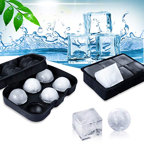 Ice Cube Trays Silicone Combo Mold, Silicone Sphere Ice Ball Maker with Lids and Large Square Ice Cube Molds for Whiskey & Cocktail Reusable BPA Free (Set of 2)