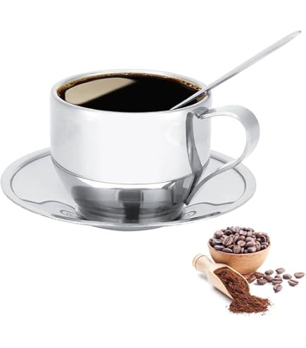 Ensemble Tasse à Café Expresso En Acier Inoxydable Avec Soucoupe Et Cuillère - Design Élégant